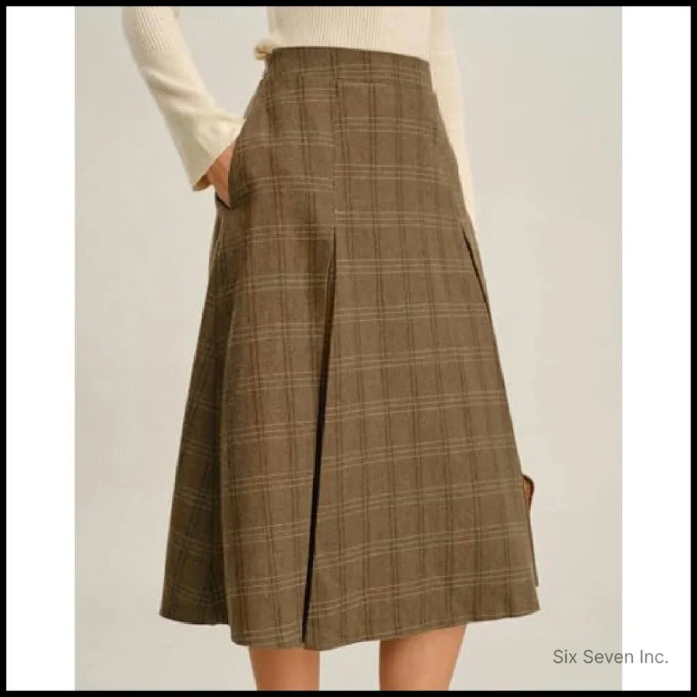 Pleated A-Line Midi Skirt Vintage Elegant Retro Wool-Blend with Pockets